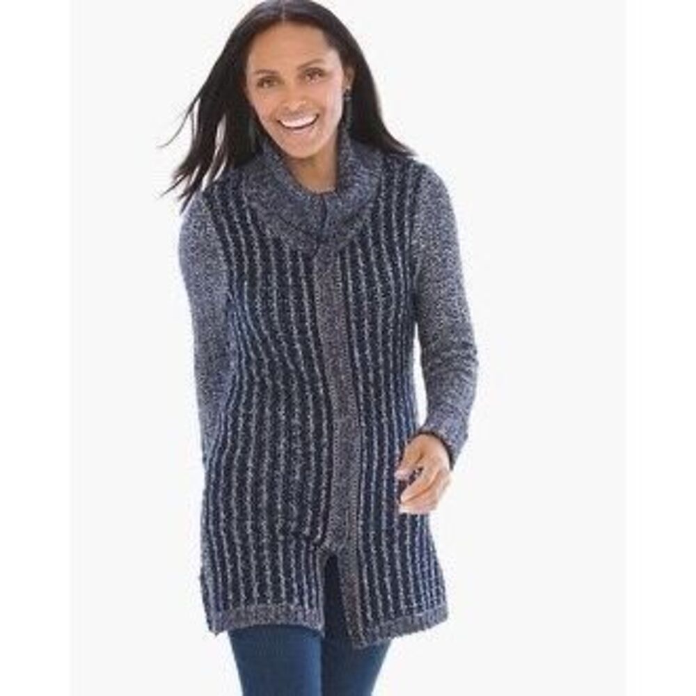 Chico’s Textured Tina Cardigan Sweater in Navy Chain Detail Snaps Size 4